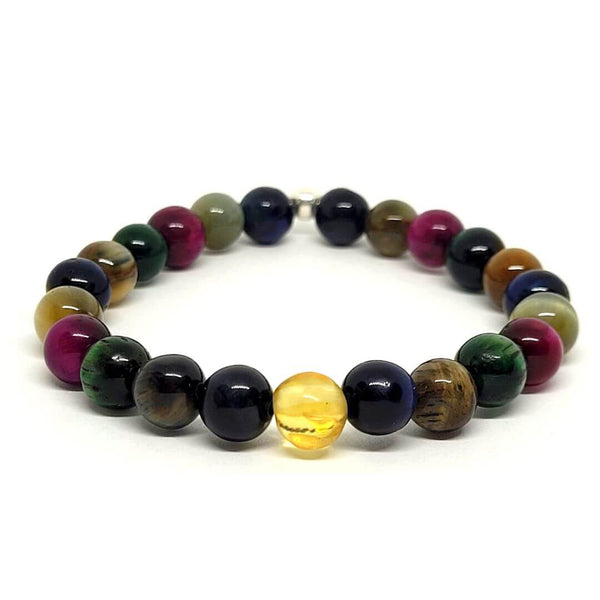 Multicolor Tiger's Eye Bracelet with Amber Bead