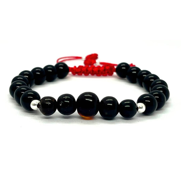 Red Amber and Black Onyx Bracelet with 5 Beads