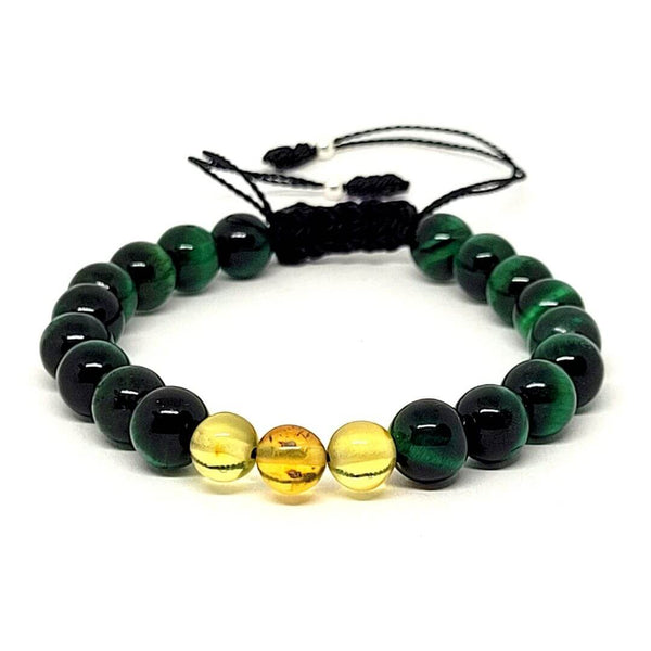 Green Tiger's Eye Bracelet with Three Amber Beads