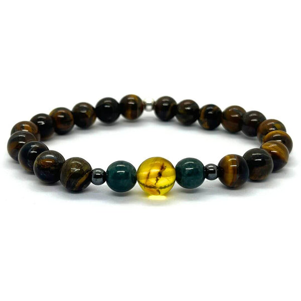 Bracelet with Large Amber Bead, Jade, and Tiger's Eye